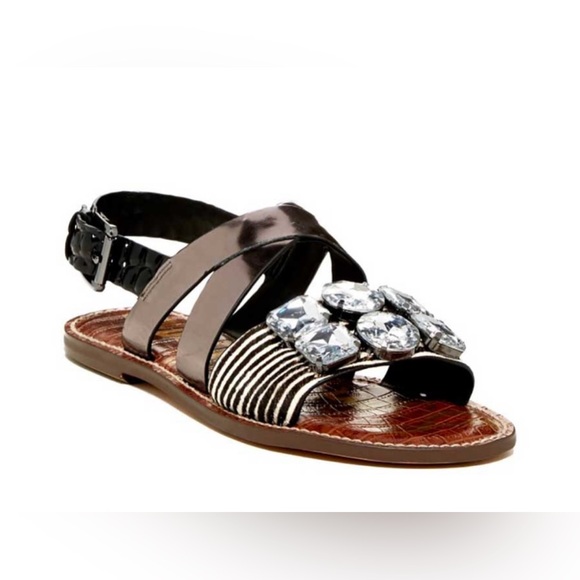 SAM EDELMAN Flat Leather Sandal Cow Hair‎ Strappy Slingback Animal Print Shoe 6 - Picture 1 of 11